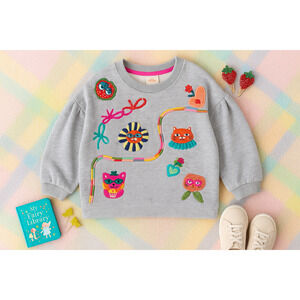 Oilily Believe Sweater Gray Crewneck Girls Size 7 | 122cm Sequins & Embroidery